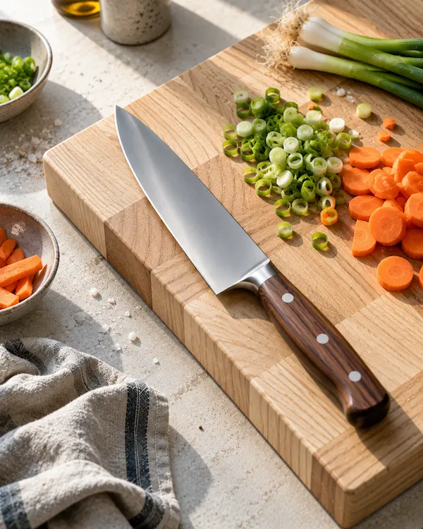 A chef’s knife and a pale ash board in use on a kitchen worktop beside chopped vegetables