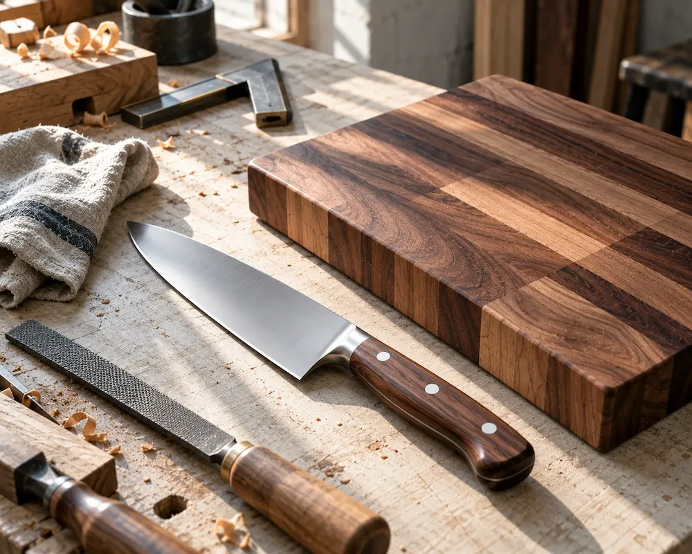 A pale workbench with a finished knife, a walnut board and a few hand tools in directional light