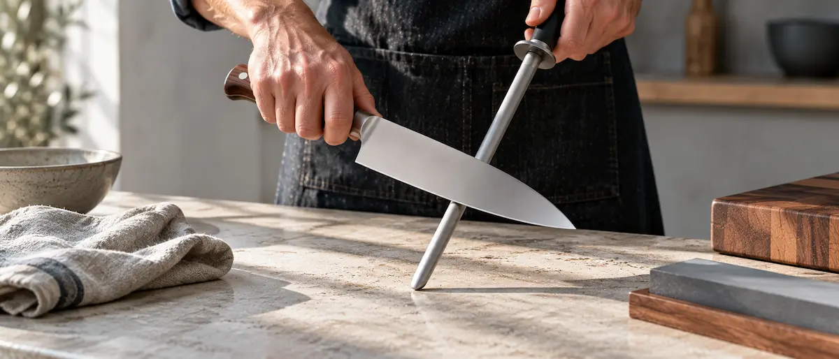 A knife being drawn across a honing rod on a pale stone worktop, with a folded cloth nearby