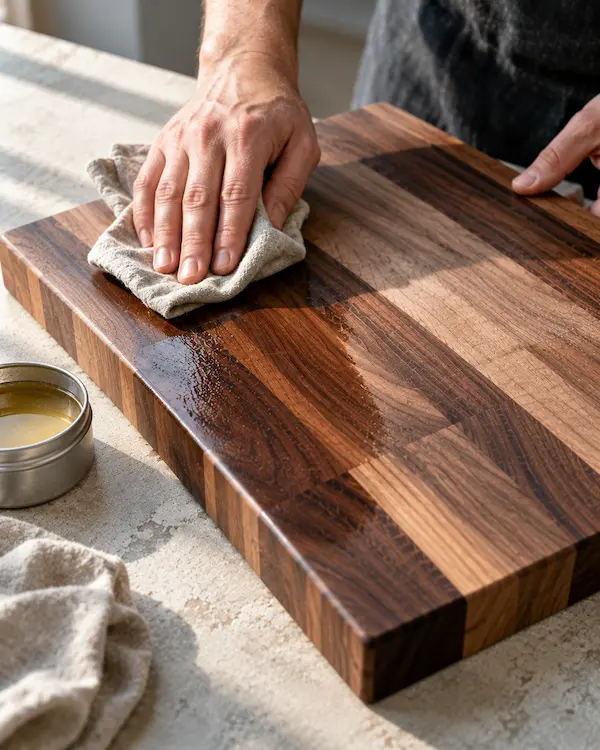 Hands rubbing conditioning oil into a walnut board with a soft cloth