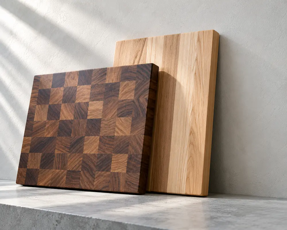 A large end-grain walnut board and a pale edge-grain board leaning together against chalk-coloured plaster