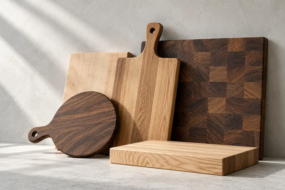 A stack of end-grain and edge-grain wooden boards in walnut, oak and maple on chalk-coloured plaster