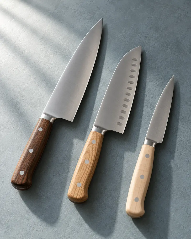 Three handmade kitchen knives with timber handles laid in a row on a muted blue-grey surface