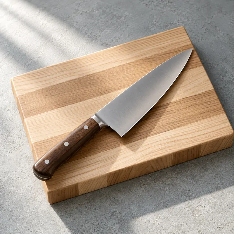 A knife and a matching timber board arranged together as a set on a cool stone surface