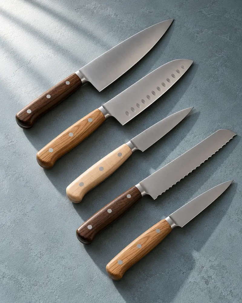 Five kitchen knives of different shapes with timber handles arranged diagonally on a muted blue-grey surface
