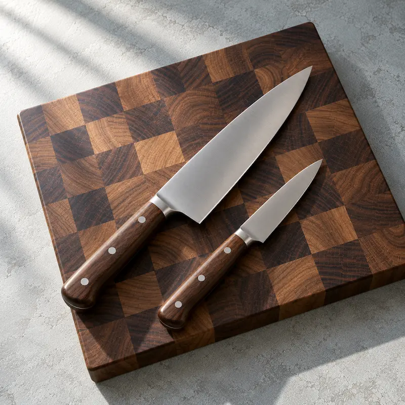 A chef’s knife, a paring knife and a timber board arranged as a set on a cool stone surface