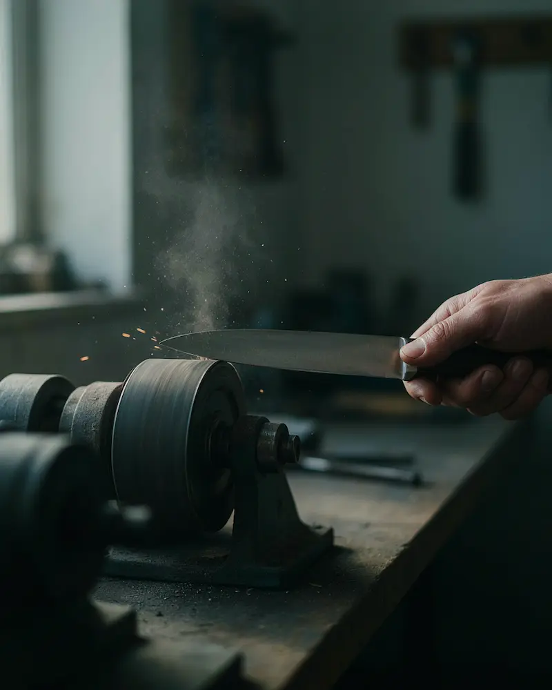 A knife blade being ground on a belt, with sparks and steel dust catching the light