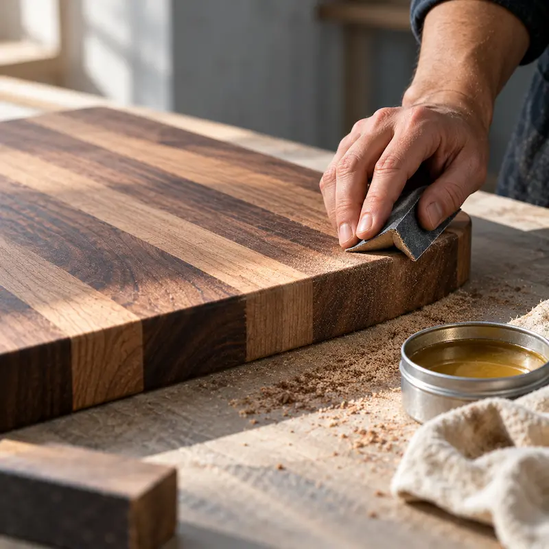 A hand sanding the edge of a timber chopping board with oil nearby