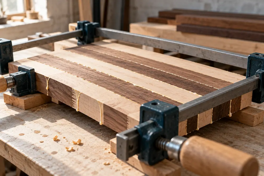 Timber strips clamped together during glue-up on a workbench