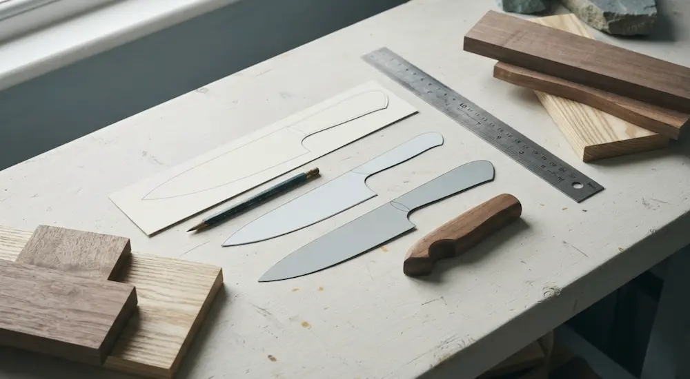 Paper knife profiles, a steel rule and timber offcuts arranged on a pale workbench