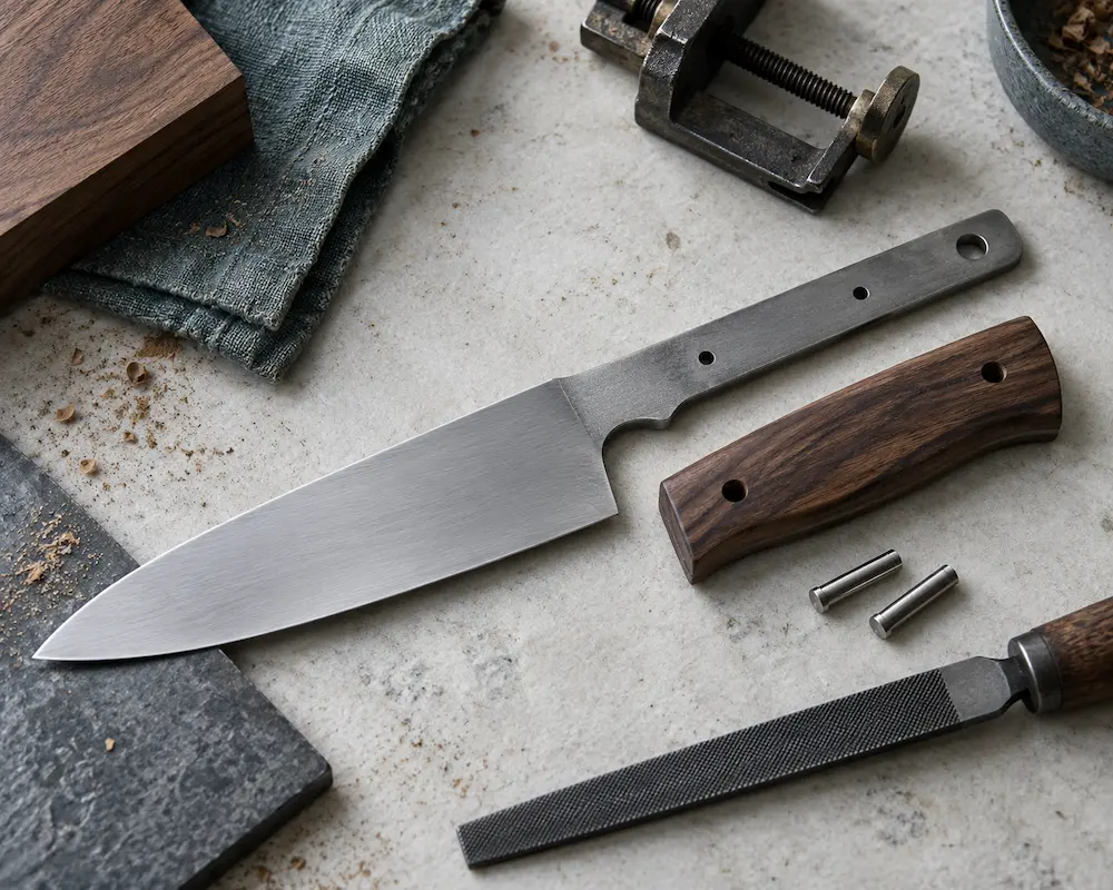 A walnut handle scale being fitted to a knife tang on a workbench