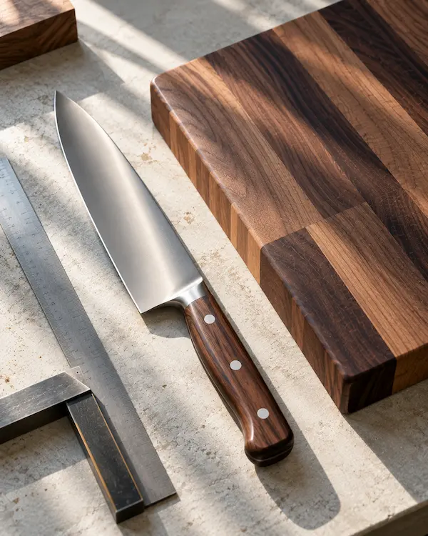 A finished knife and board being inspected side by side under directional light