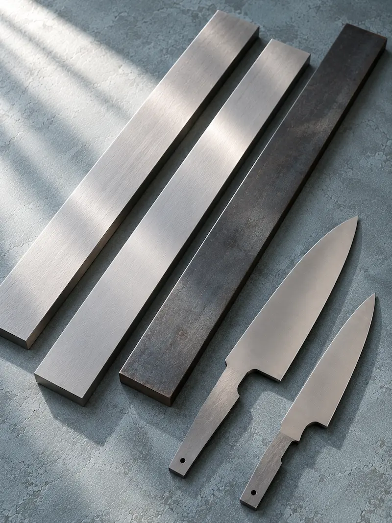 Lengths of knife steel with a satin finish laid on a muted blue-grey surface
