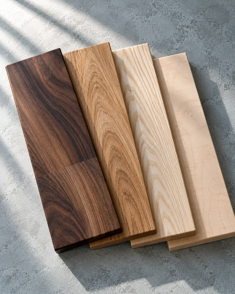Walnut, oak, ash and maple boards side by side showing different grain patterns