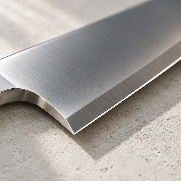 Close view of a hand-finished knife edge and blade heel on a pale stone surface