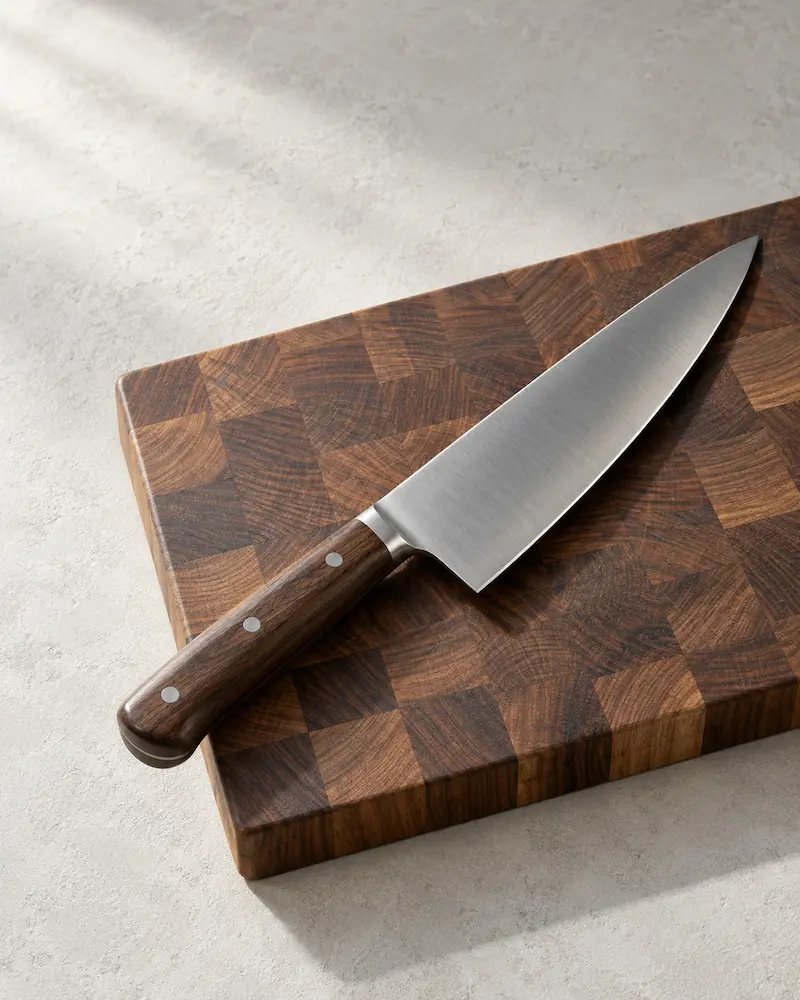 A handmade chef's knife with a walnut handle resting on an end-grain walnut board, lit from one side