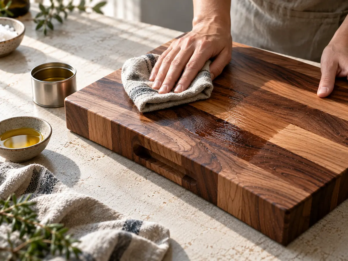 Hands rubbing conditioning oil into a walnut chopping board with a cloth