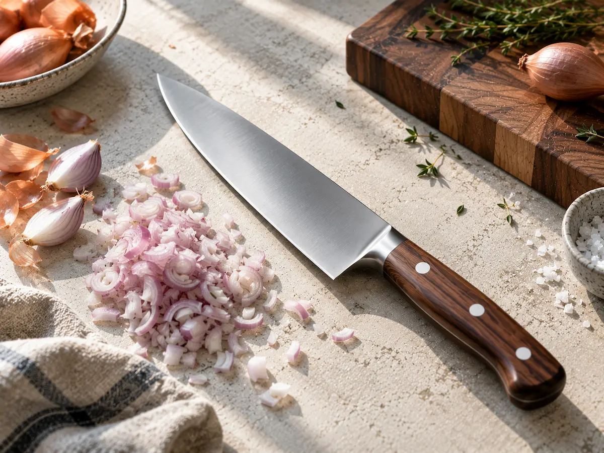 A chef's knife and a small pile of chopped shallots on a pale stone worktop