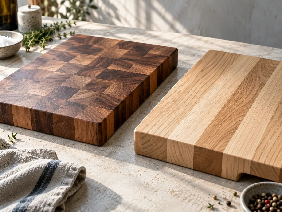An end-grain board and an edge-grain board side by side on a chalk-coloured plaster surface