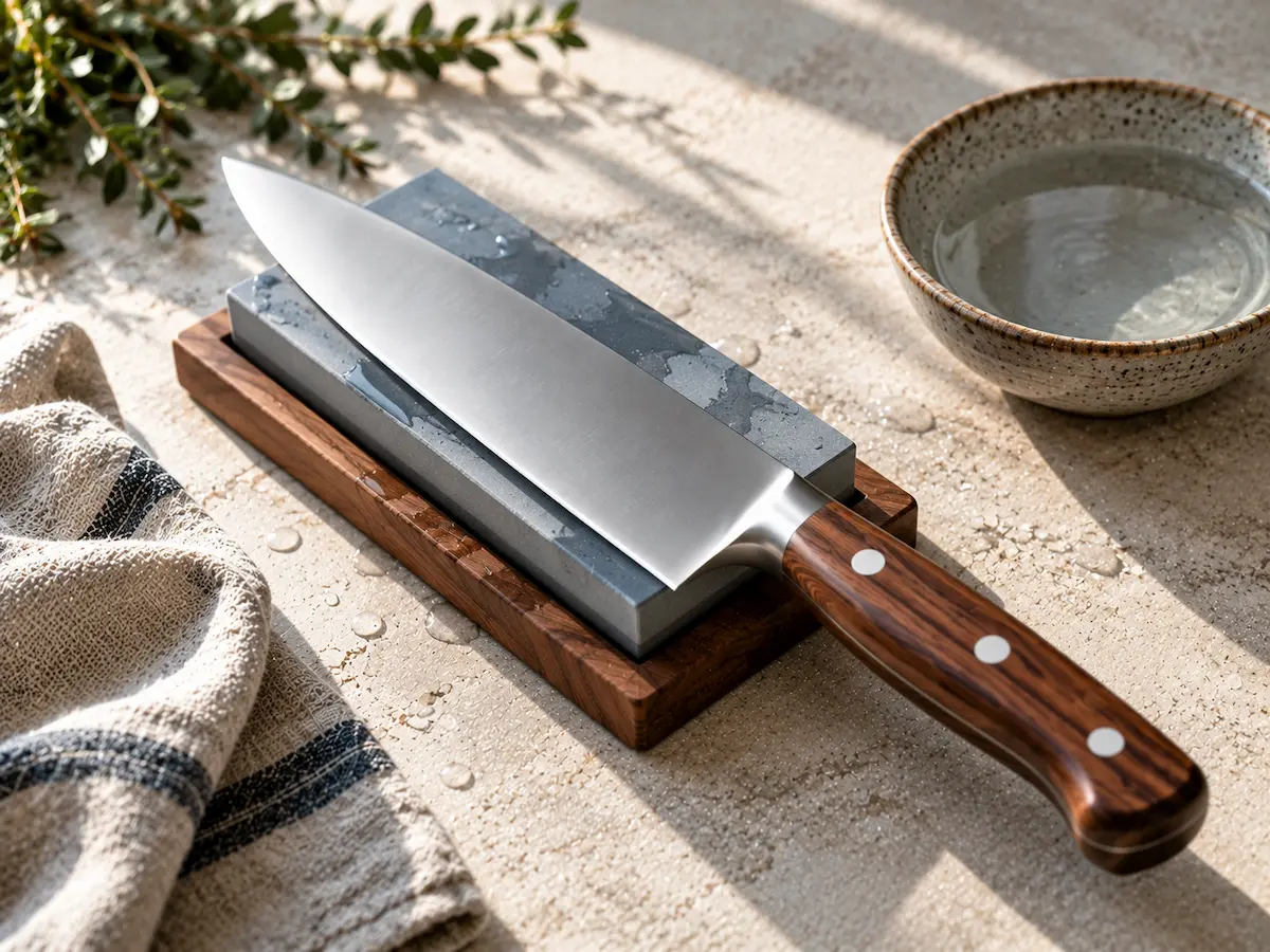 A knife resting on a whetstone beside a small dish of water on a pale stone surface