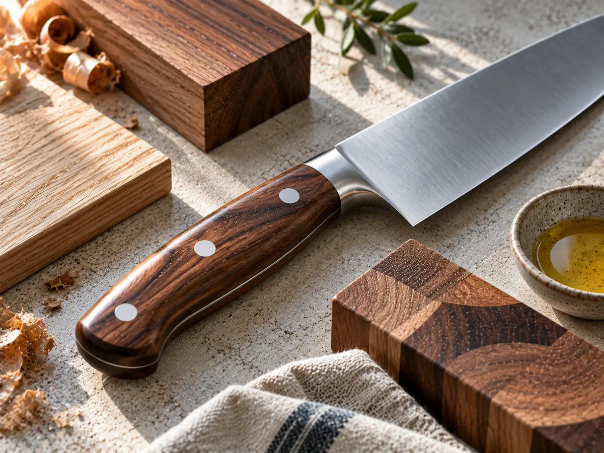 Close view of a knife handle, blade heel and a timber offcut showing different surface finishes