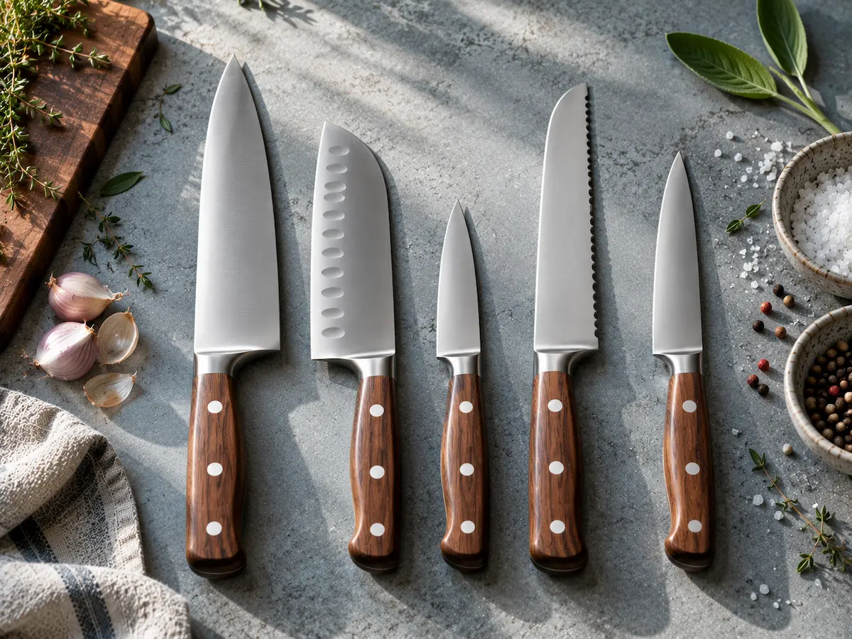 Five kitchen knives of different shapes arranged in a row on a muted blue-grey surface