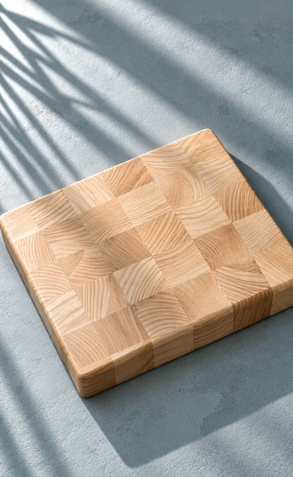 Small square end-grain ash board on a muted blue-grey surface
