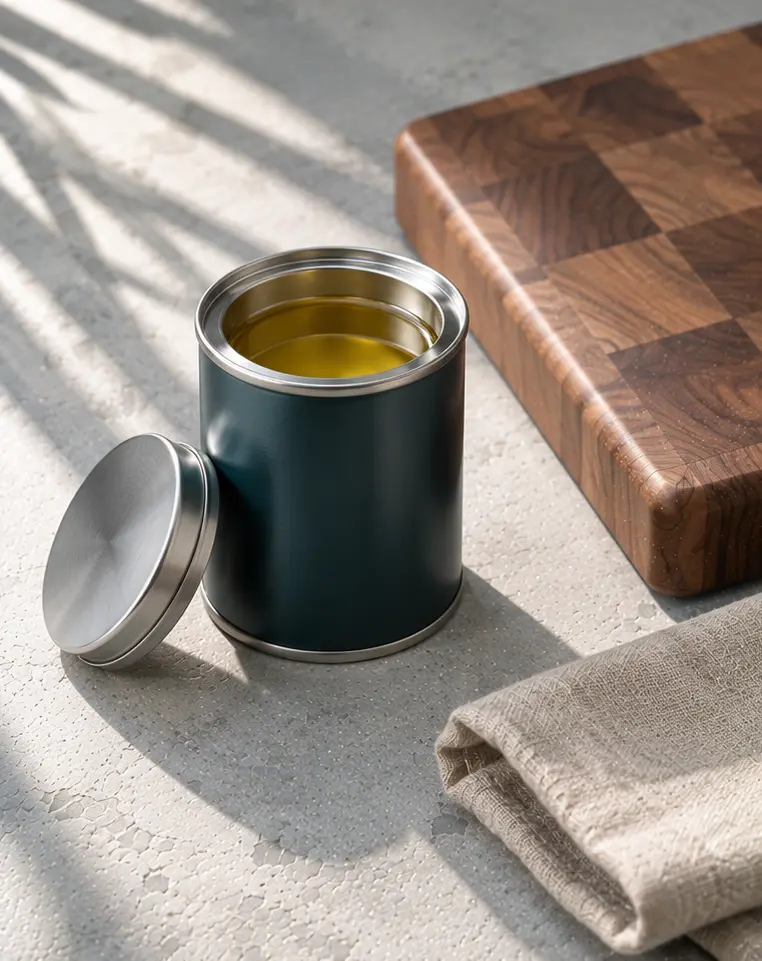 Tin of board conditioning oil beside a wooden board on a pale stone surface