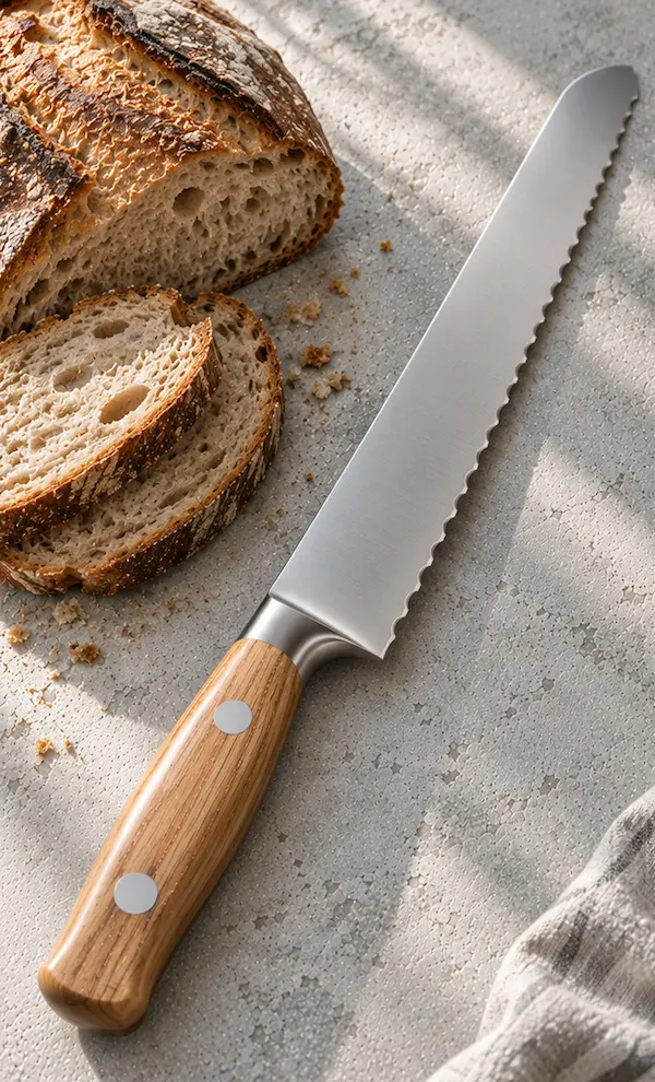 Serrated bread knife with an oak handle lying beside a loaf on a pale stone surface