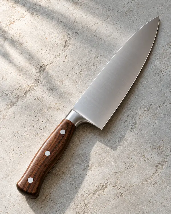 Chef's Knife 210 with a walnut handle, lying on a pale stone surface