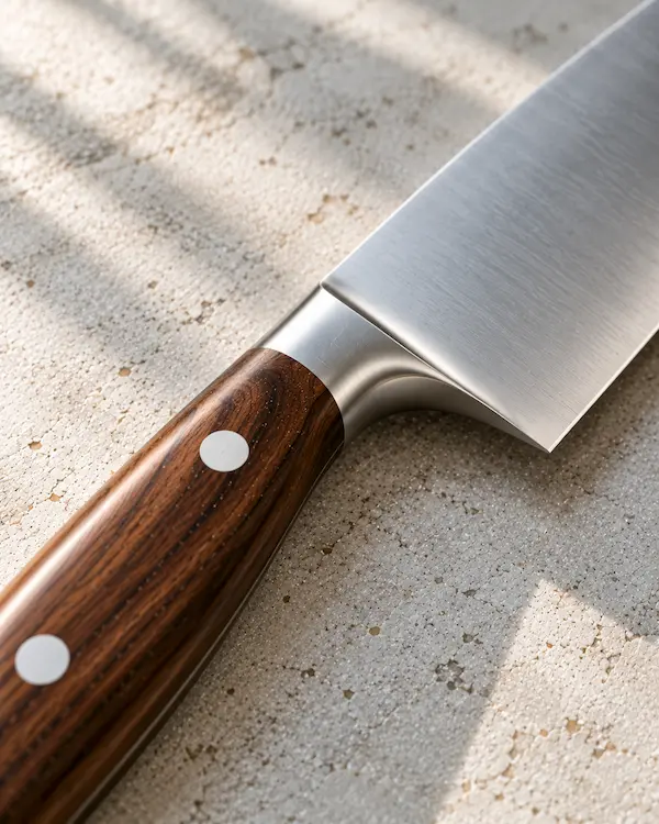 Close view of the walnut handle meeting the blade heel and stainless pins