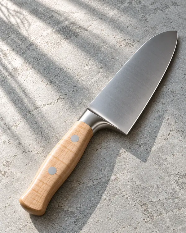 Compact santoku with a maple handle on a cool stone surface