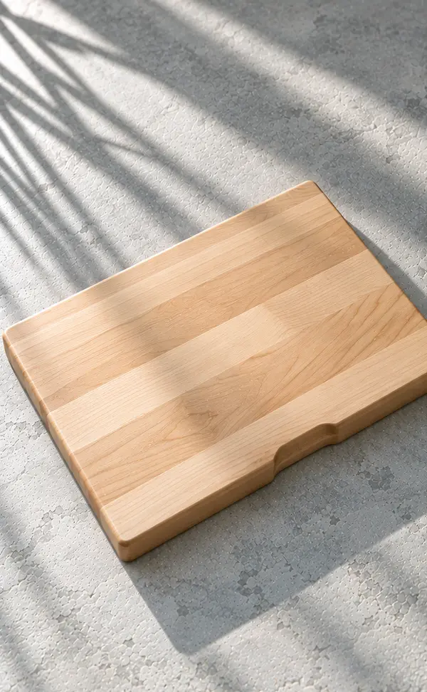 Small edge-grain maple board on a cool stone surface