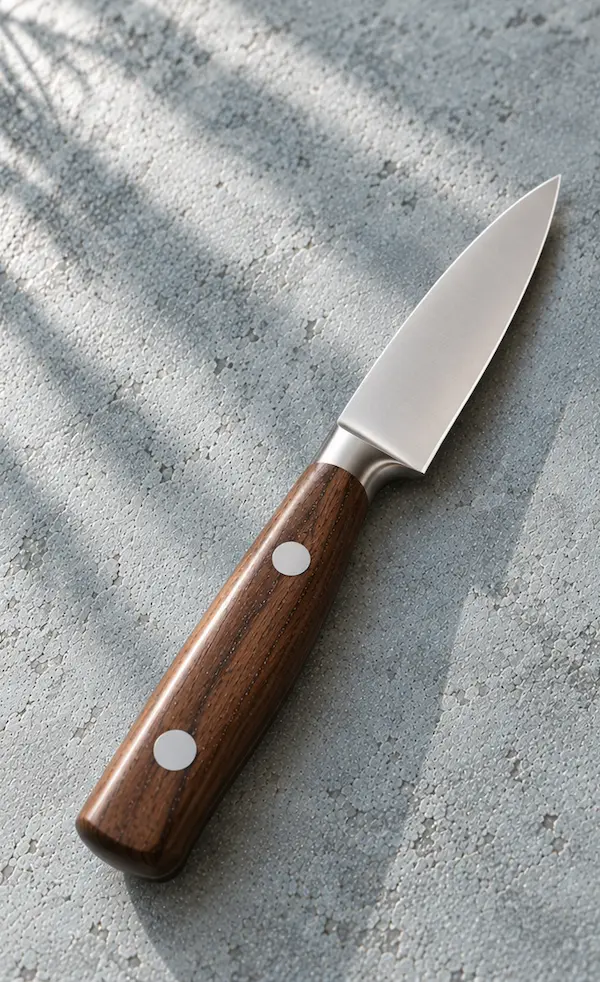 Small paring knife with a walnut handle on a muted blue-grey surface