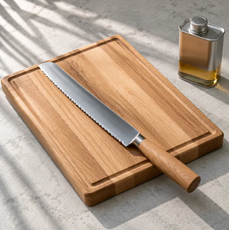 Oak-handled bread knife, large oak board and a tin of conditioning oil on a pale stone surface