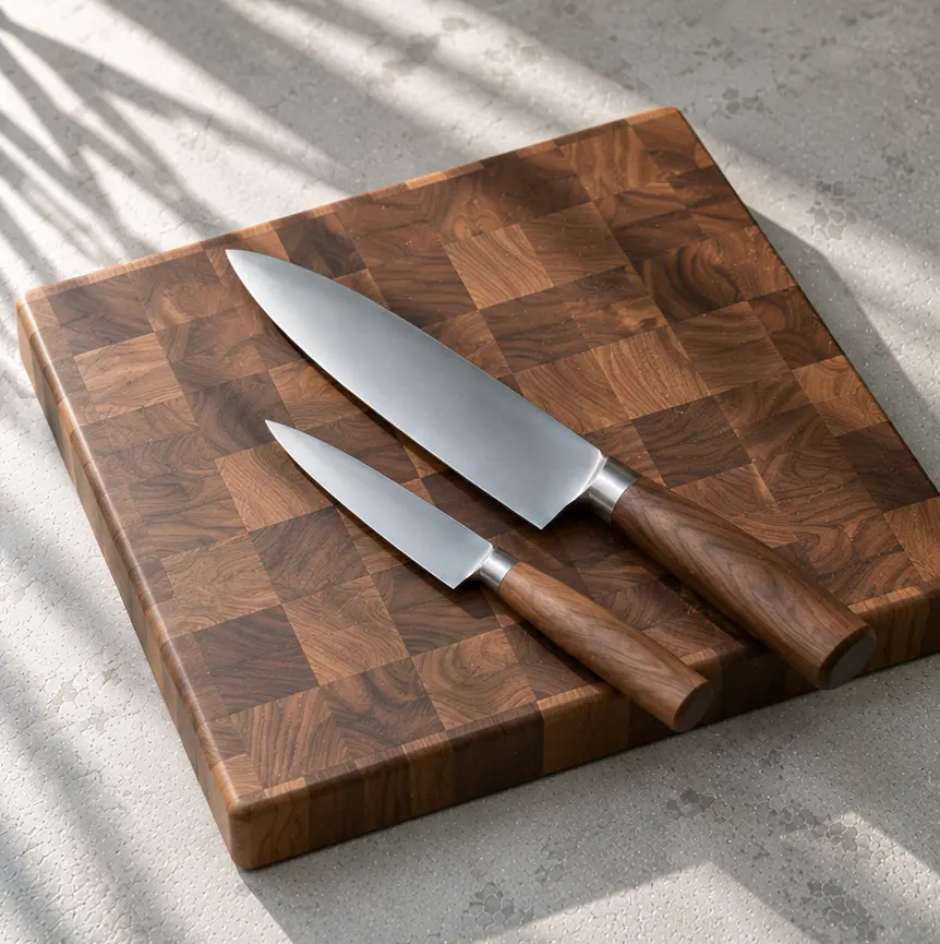 Walnut-handled chef's knife and paring knife on a large end-grain walnut board