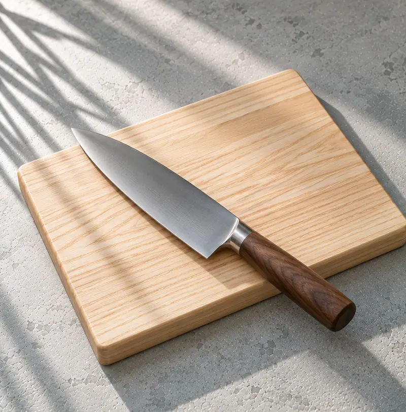 Walnut-handled chef's knife on a pale ash chopping board