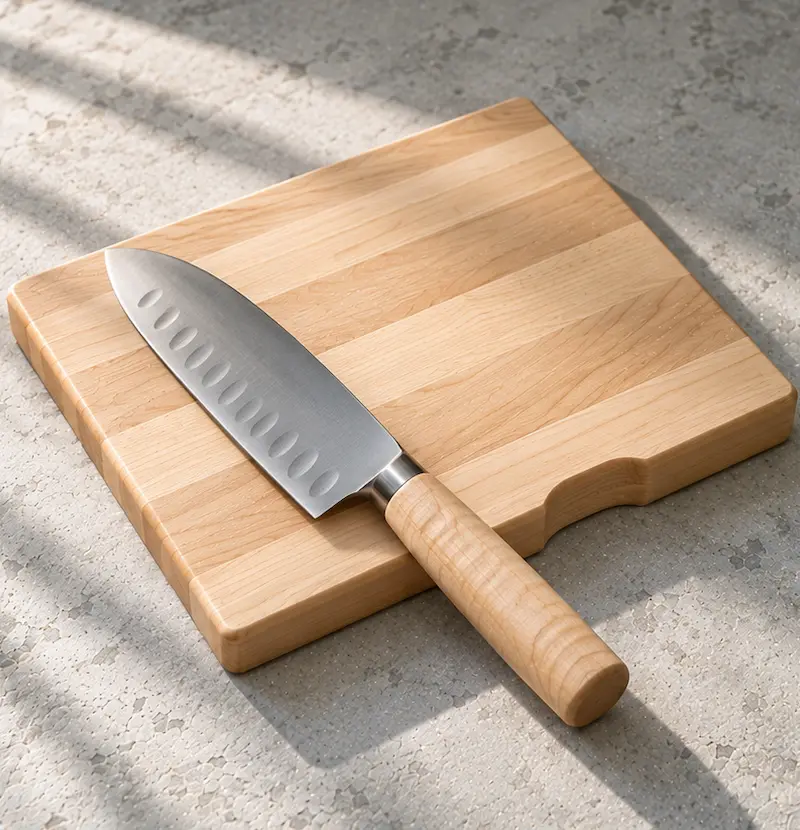 Compact santoku and small maple board arranged together on a pale stone surface