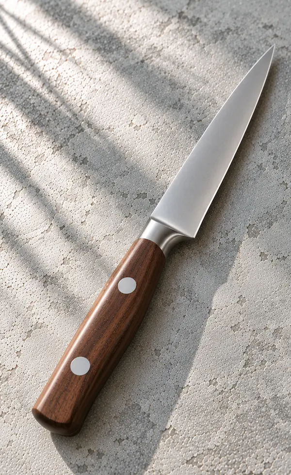 Slim utility knife with a walnut handle on a cool stone surface