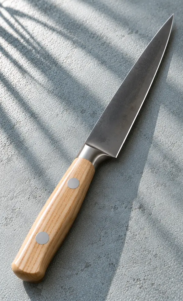 Carbon-steel utility knife with a pale ash handle on a muted blue-grey surface