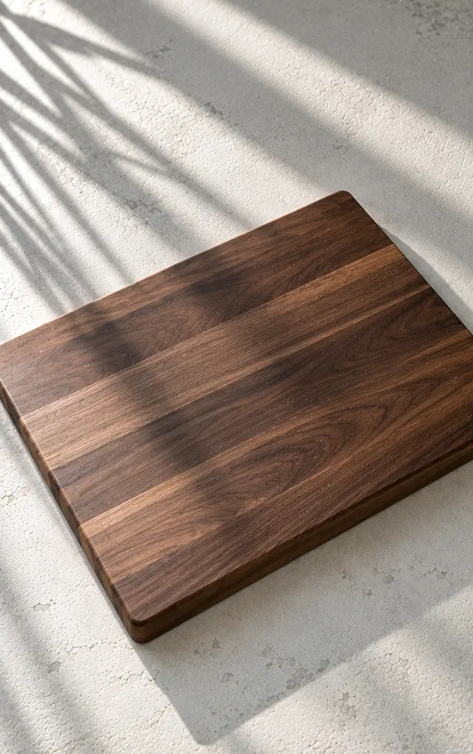 Dark edge-grain walnut chopping board on chalk-coloured plaster