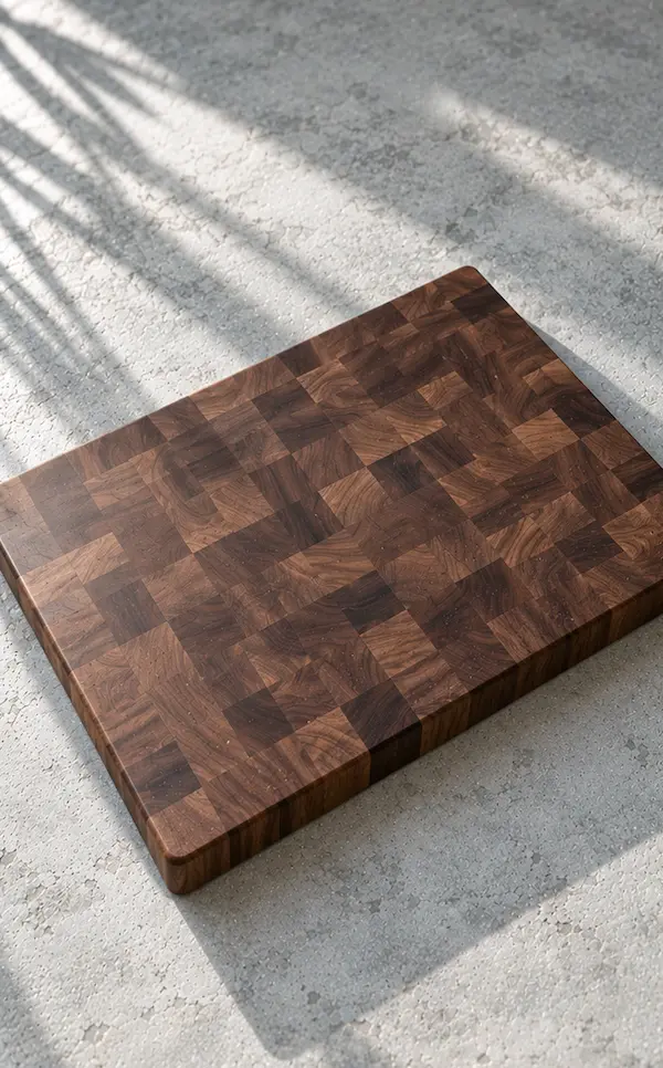 Large end-grain walnut chopping board showing the checkerboard pattern on a pale stone worktop