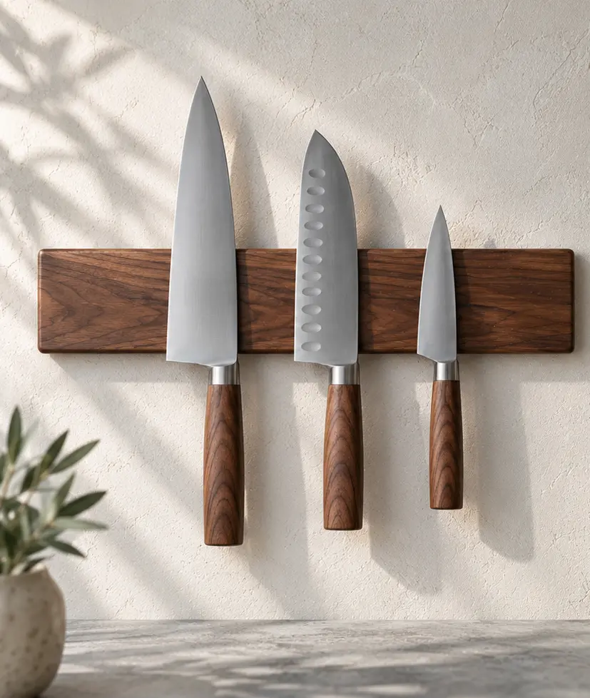 Walnut magnetic knife rack mounted on a chalk-coloured plaster wall