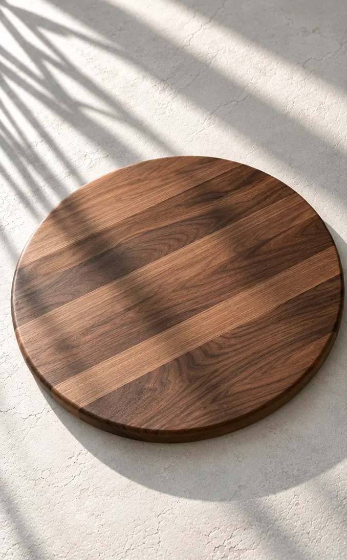 Round walnut serving board on chalk-coloured plaster